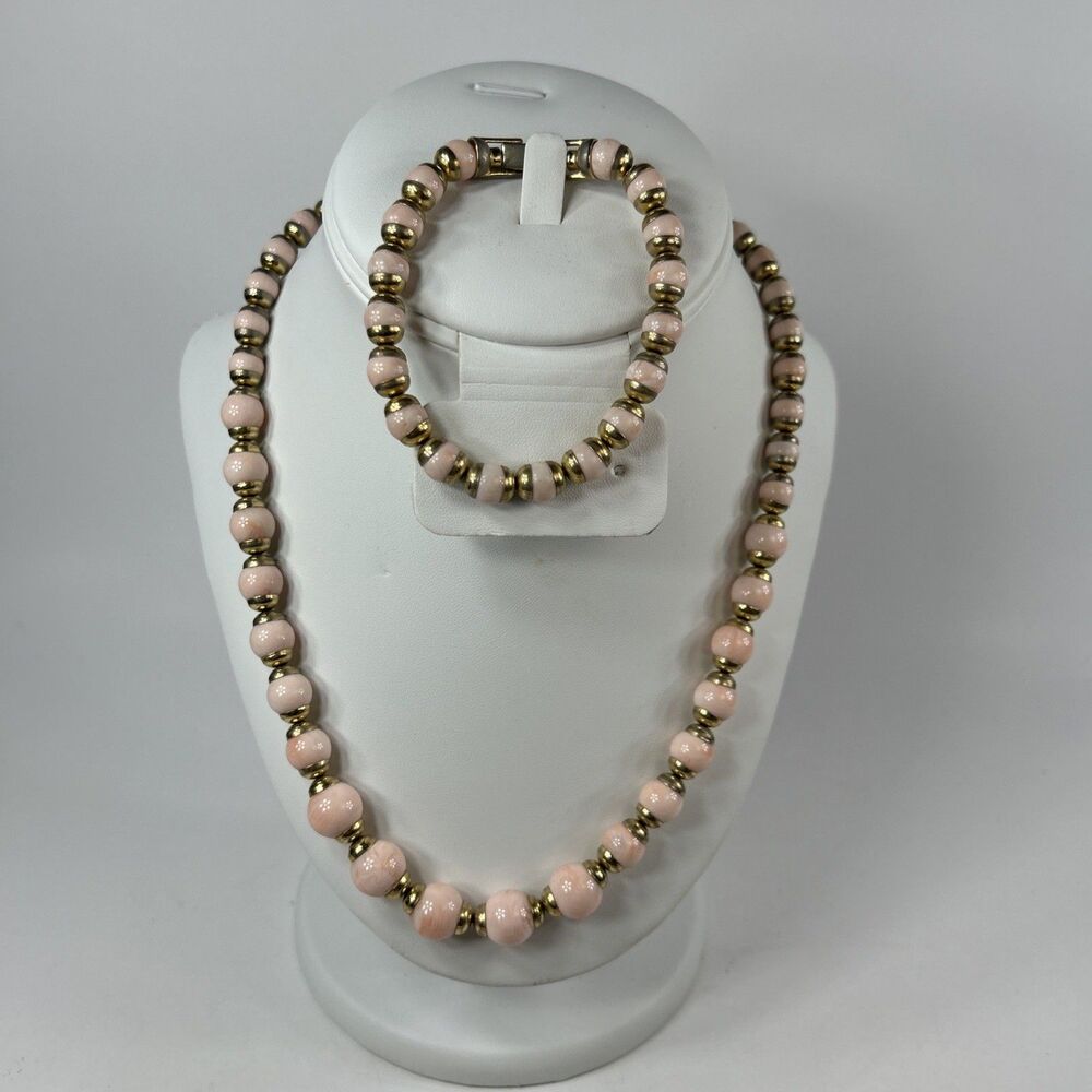 Avon Necklace/Bracelet Faux Angel Skin Marbled Pink & Gold Bead 1984 8” Vintage